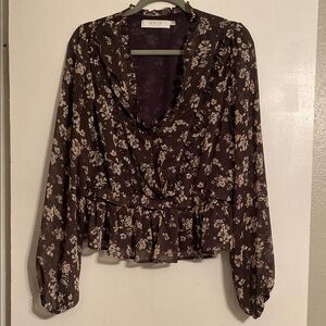 Astr Gray Cream Wrap Peplum Blouse